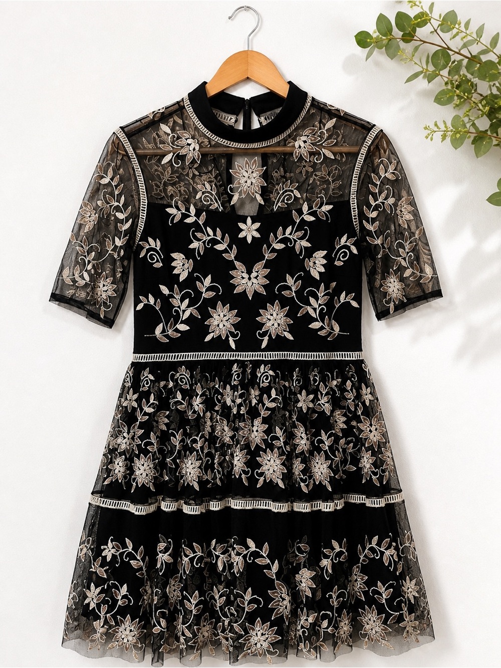 Frock & Frill Black Embroidered Mesh Dress Floral Cocktail Wedding Guest Party
